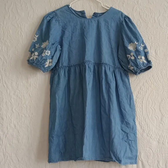 Denim Puff Sleeve Embroidered Midi Dress Babydoll Lightwash Modest Cute Sundress - Picture 9 of 9